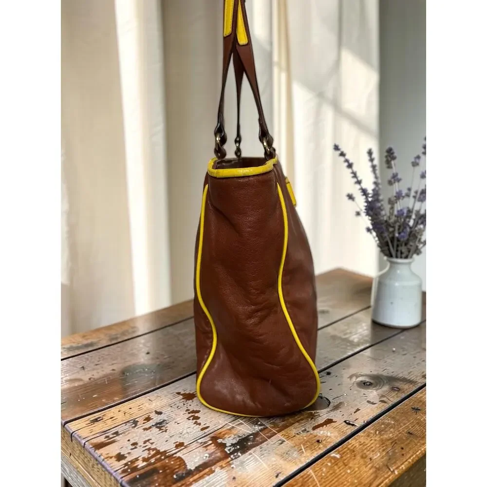 Kate Spade Soft Leather Shoulder Bag Cognac Brown yellow Trim GUC